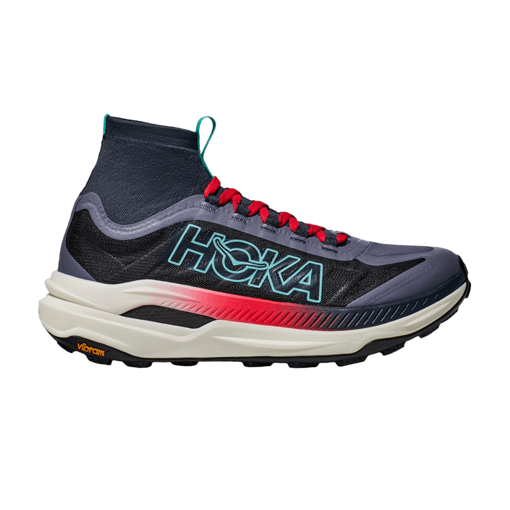 Side view on white background of Womens Hoka Tecton X 3 running shoe in Stormy Skies/Cerise, Medium (Regular) width