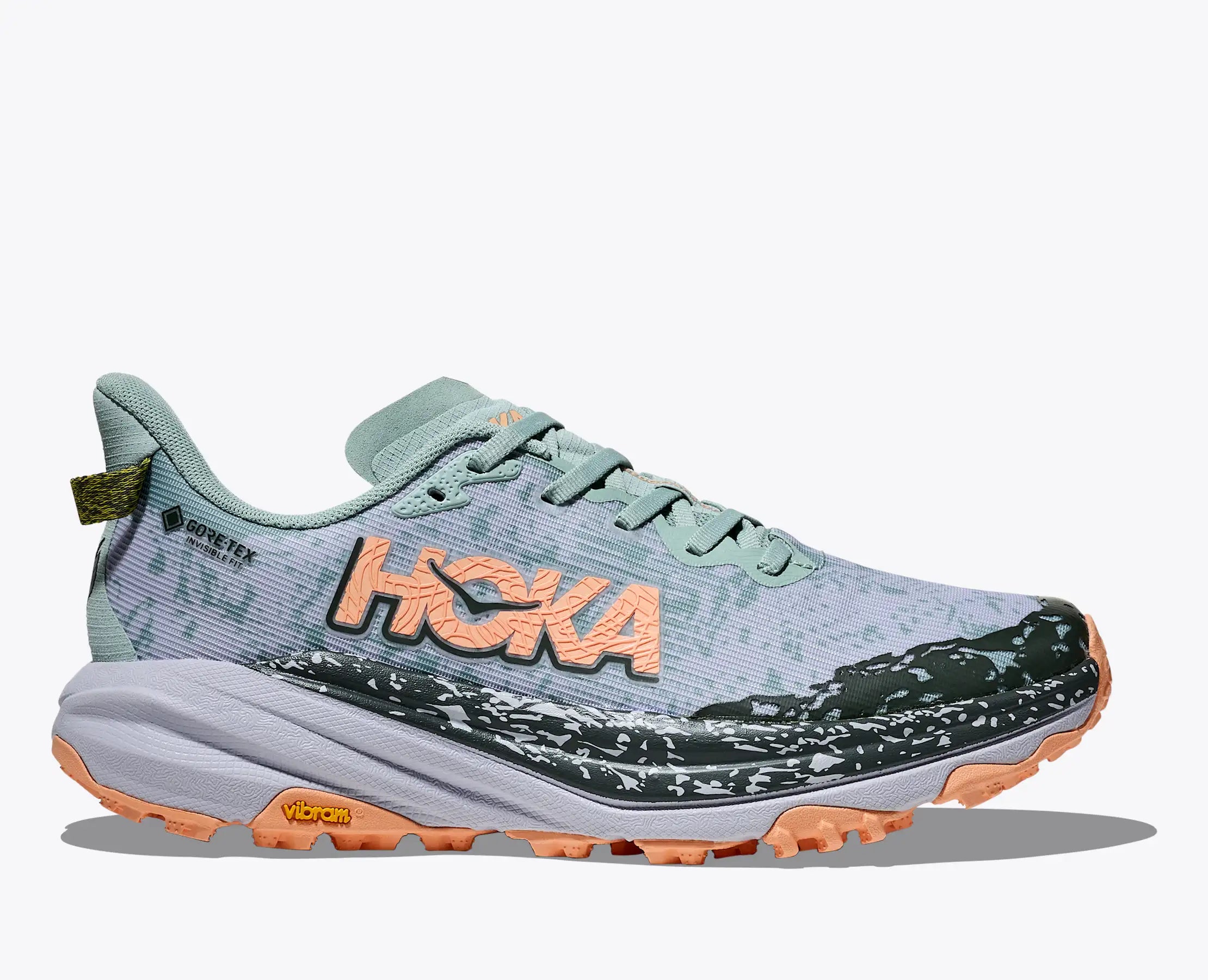 Side view on white background of Womens Hoka Speedgoat 6 GTX running shoe in Jade/Ash Grey, Medium (Regular) width