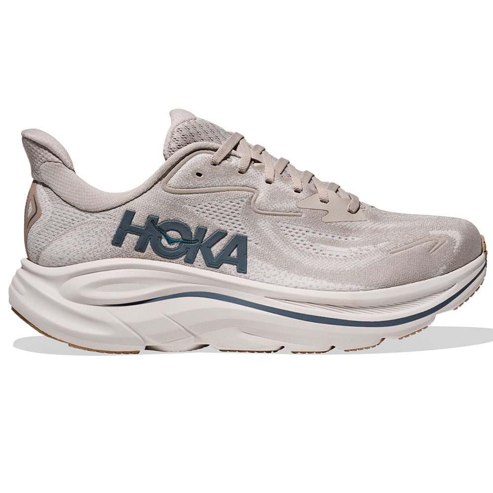 Side view on white background of Mens Hoka Clifton running shoe in Putty/Grout, Medium (Regular) width