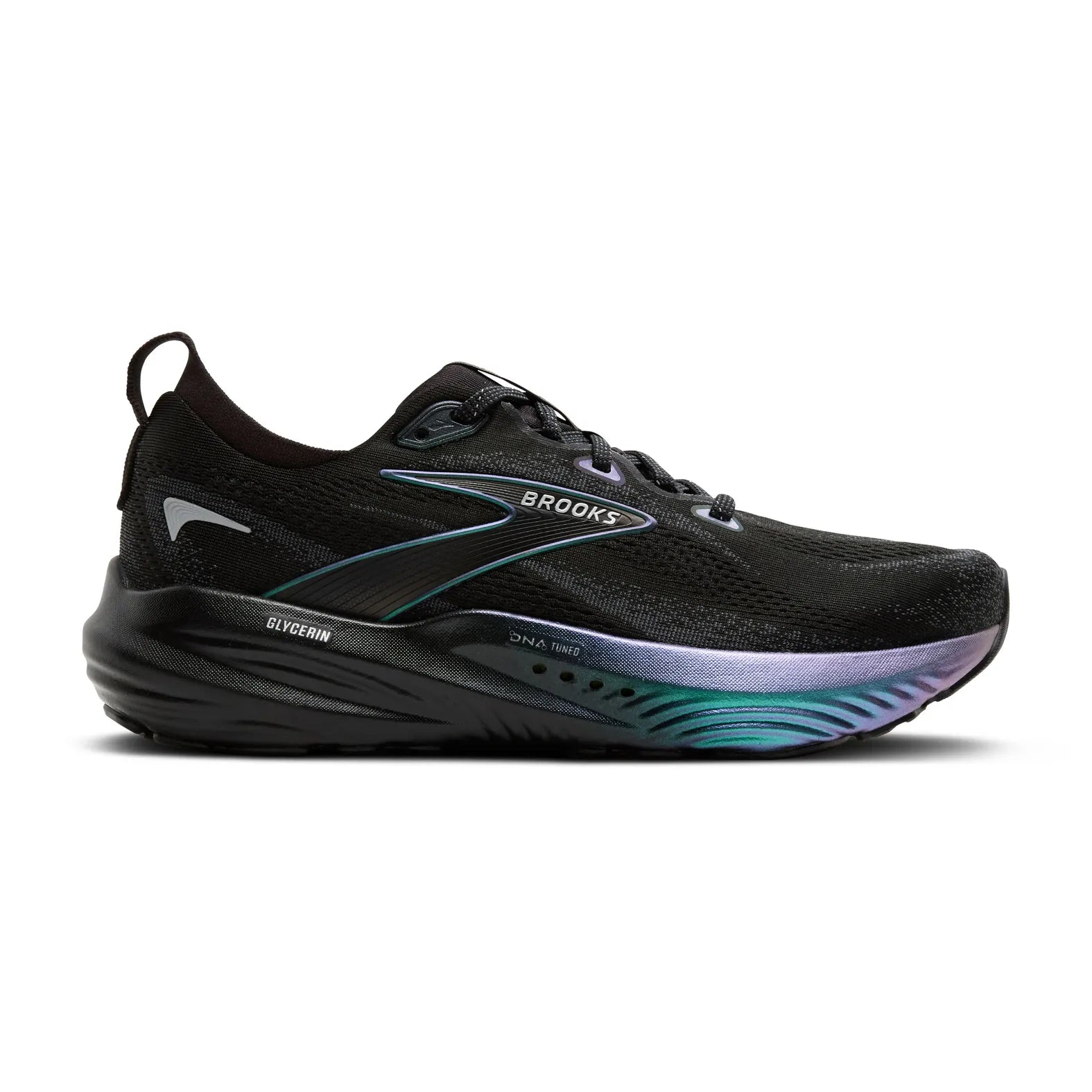 Side view on white background of Mens Brooks Glycerin 22 running shoe in Aurora Black/Ebony, Medium (Regular) width