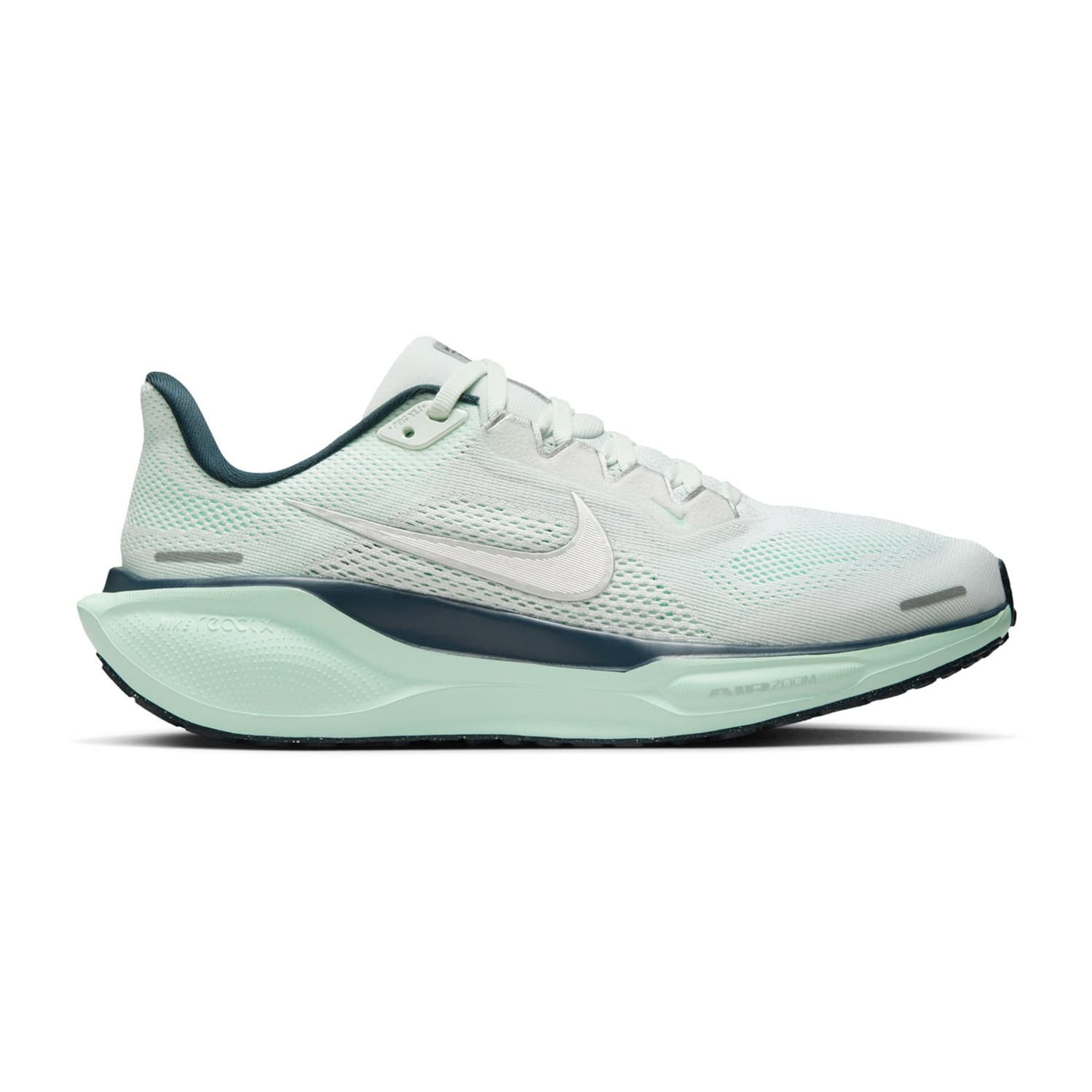 Side view on white background of Womens Nike Pegasus 41 running shoe in Ghost Aqua/Metallic Silver, Medium (Regular) width