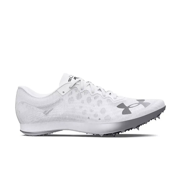 Side view on white background of Mens Under Armour Shakedown Elite running shoe in White/Grey, Medium (Regular) width