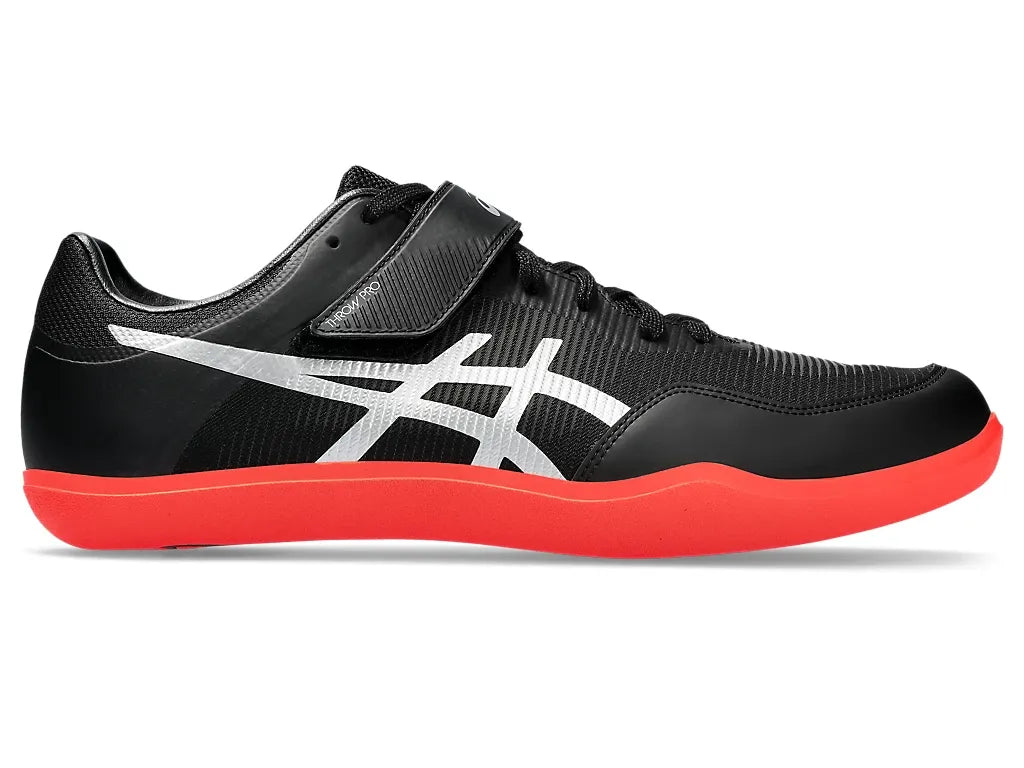 Side view on white background of Mens Asics Throw Pro 3 running shoe in Black/Pure Silver, Medium (Regular) width