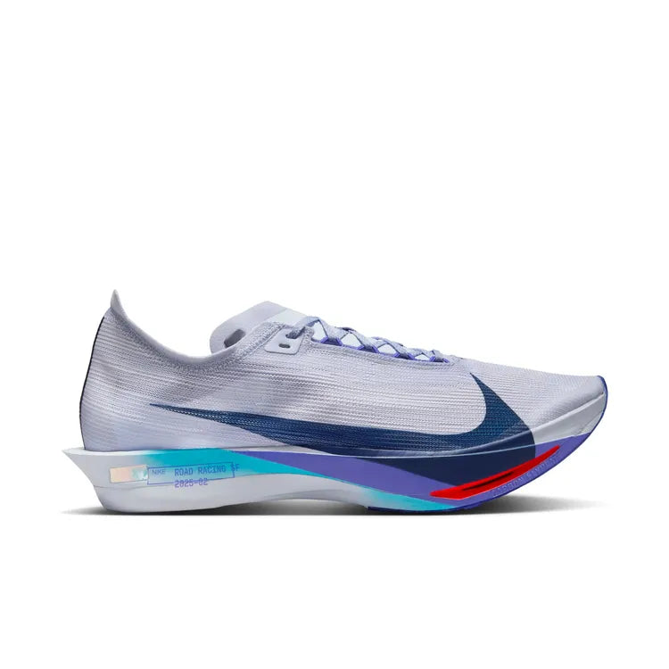 Side view on white background of Mens Nike Streakfly 2 running shoe in Ghost/Blue Void/Persian Violet, Medium (Regular) width