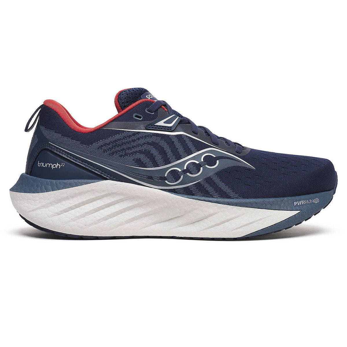 Side view on white background of Mens Saucony Triumph 22 running shoe in Navy/Dusk, Medium (Regular) width