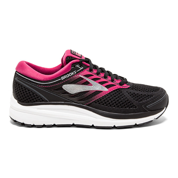 Side view on white background of Womens Brooks Addiction 13 running shoe in Black/Pink/Grey, Extra Wide width