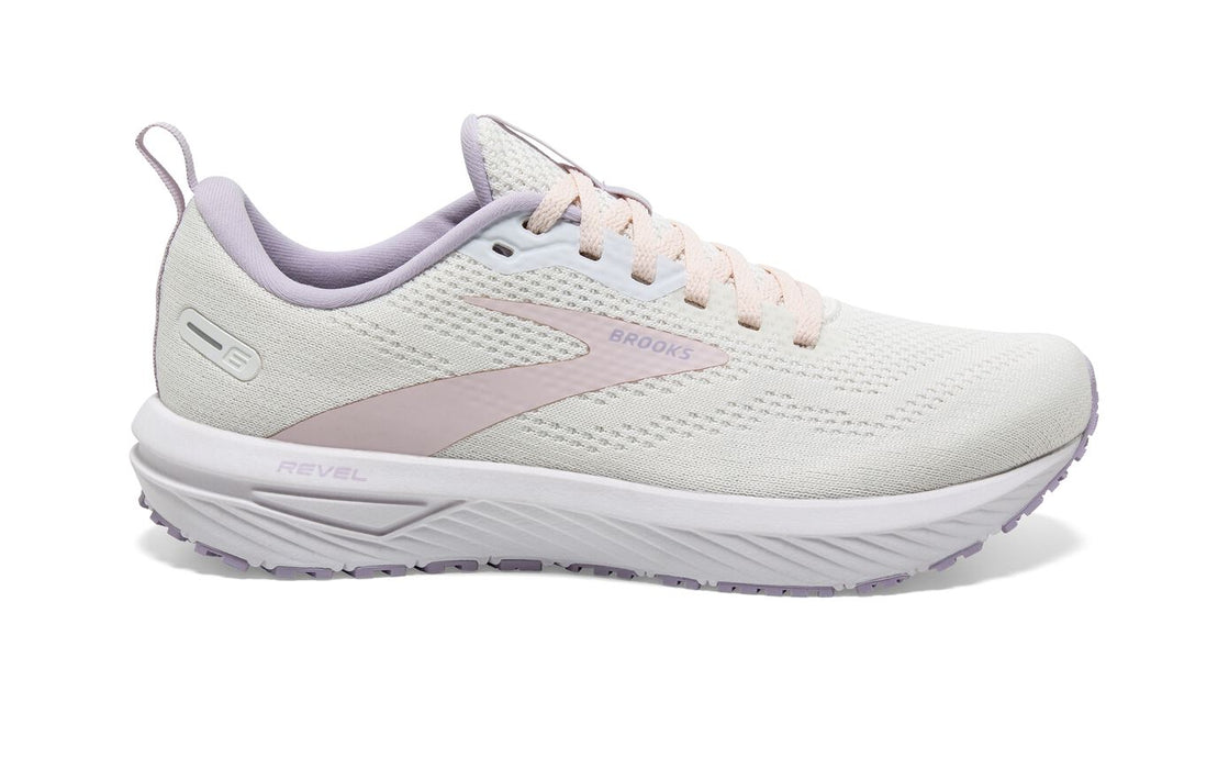 Women's Brooks Revel 6, Marshmallow/Pink/Purple, 8 B Medium