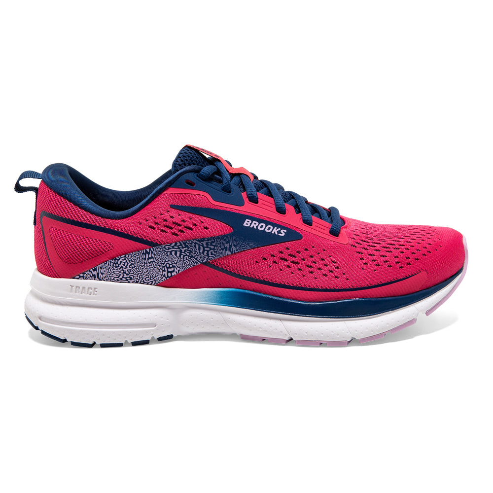 Brooks Trace Womens running shoes in Raspberry/Blue/Orchid - side view on a white background