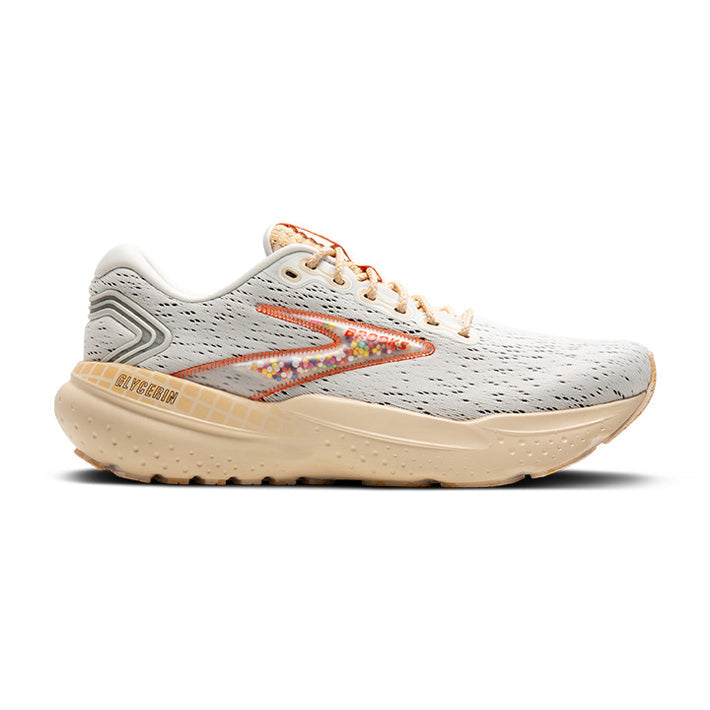 Side view on white background of Womens Brooks Glycerin 21 running shoe in Snow/Dawn/Straw, Medium (Regular) width