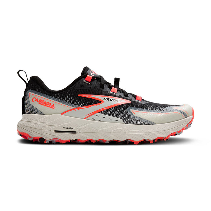 Side view on white background of Womens Brooks Cascadia 18 running shoe in Black/Blue Wash/ Flame, Medium (Regular) width