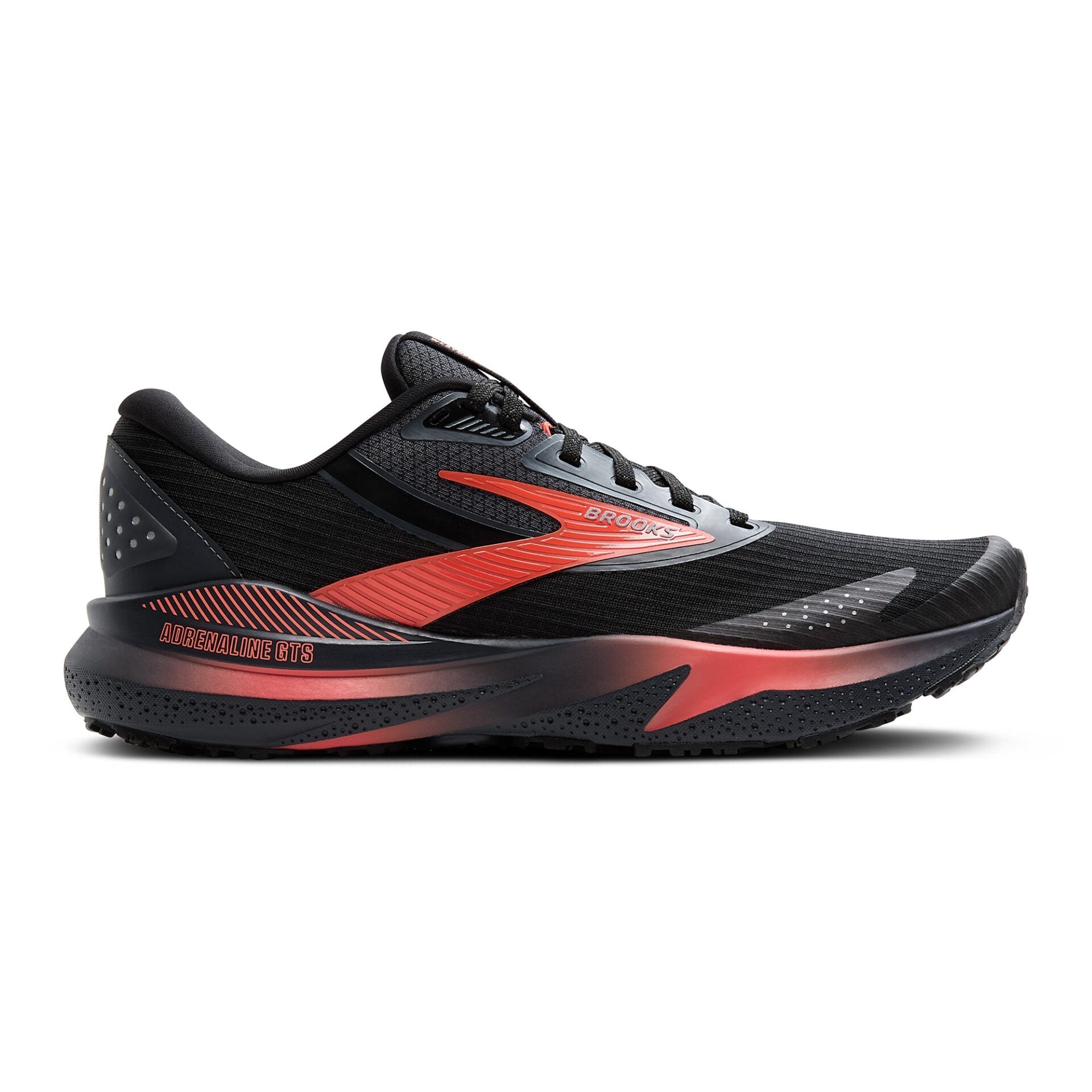 Side view on white background of Womens Brooks Adrenaline GTS 24 Weatherized running shoe in Black/Ebony/Hot Coral, Medium (Regular) width