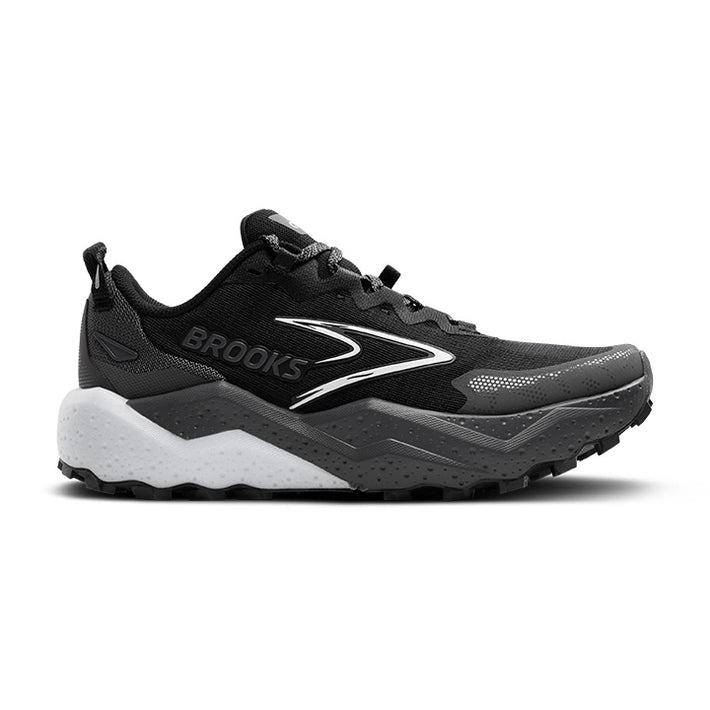 Side view on white background of Mens Brooks Caldera 8 running shoe in Black/Blackened Pearl/White, Medium (Regular) width
