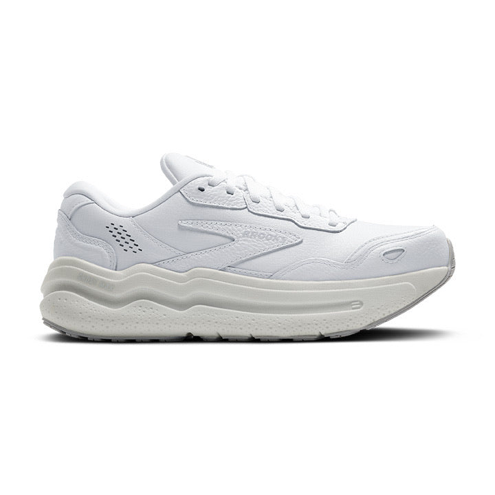 Side view on white background of Womens Brooks Ghost Max L running shoe in White/White, Wide width
