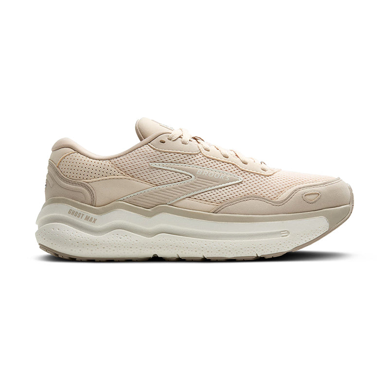Side view on white background of Womens Brooks Ghost Max SE running shoe in Almond Peach/Chateau/Coconut, Medium (Regular) width