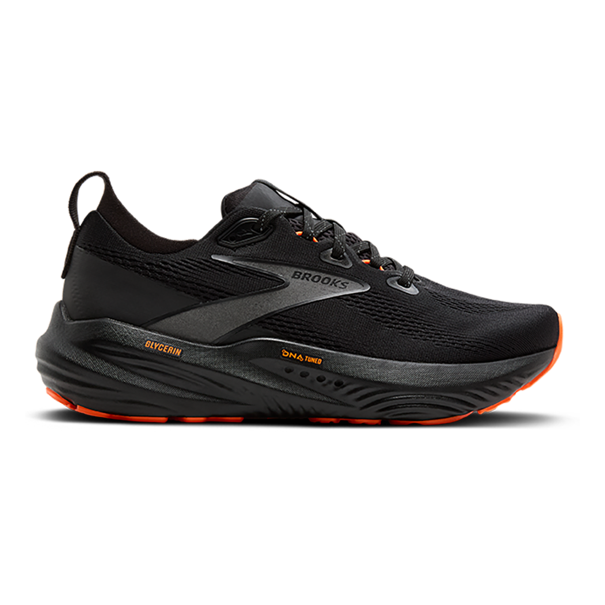 Side view on white background of Mens Brooks Glycerin 22 running shoe in Black/Orange, Medium (Regular) width