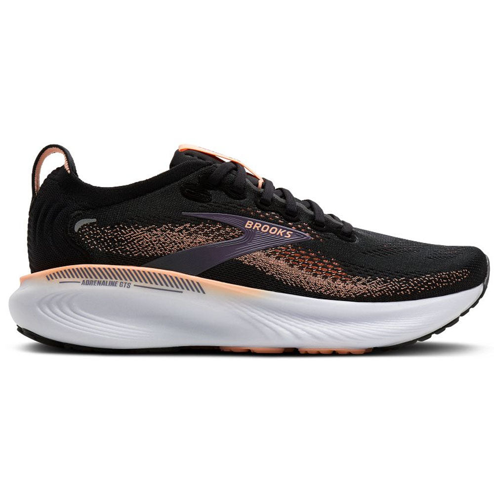 Side view on white background of Womens Brooks Adrenaline running shoe in Black/Peach/Mulled Grape, Medium (Regular) width