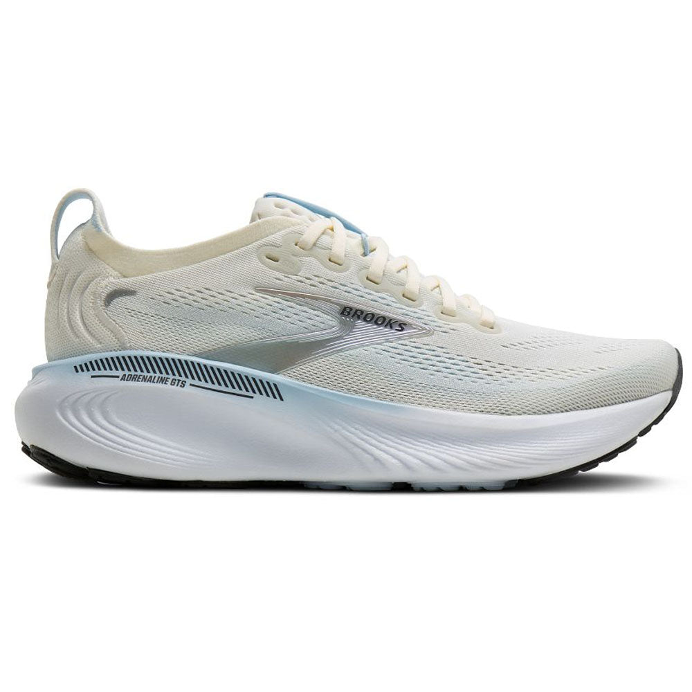 Side view on white background of Womens Brooks Adrenaline running shoe in Star White/Nantucket/Chrome, Medium (Regular) width