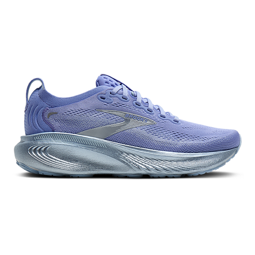 Side view on white background of Womens Brooks Adrenaline GTS 25 running shoe in Blazing Bell/Skyway, Medium (Regular) width