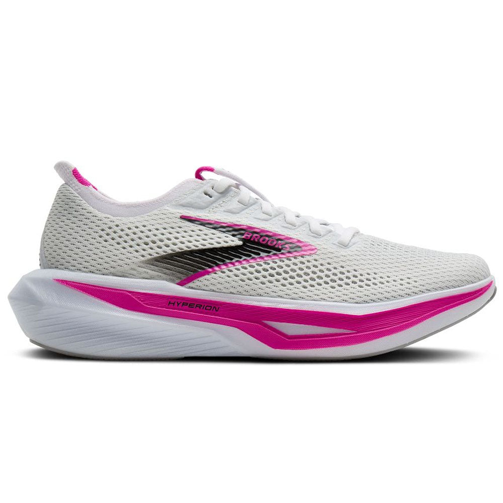 Side view on white background of Womens Brooks Hyperion running shoe in White/Luminary/Cyber Pink, Medium (Regular) width