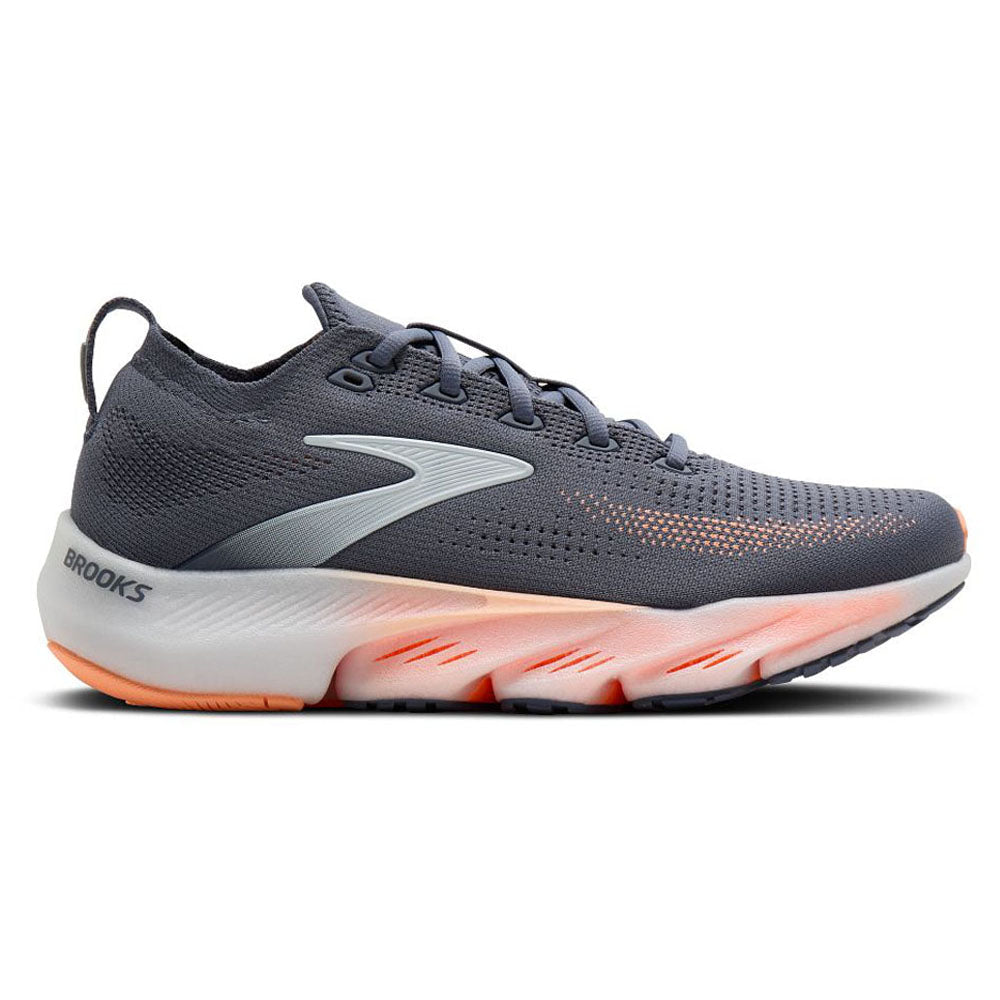Side view on white background of Womens Brooks Glycerin running shoe in Grey/Peach/Orange, Medium (Regular) width