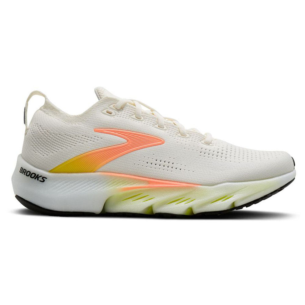 Side view on white background of Womens Brooks Glycerin running shoe in White/Peach/Nightlife, Medium (Regular) width