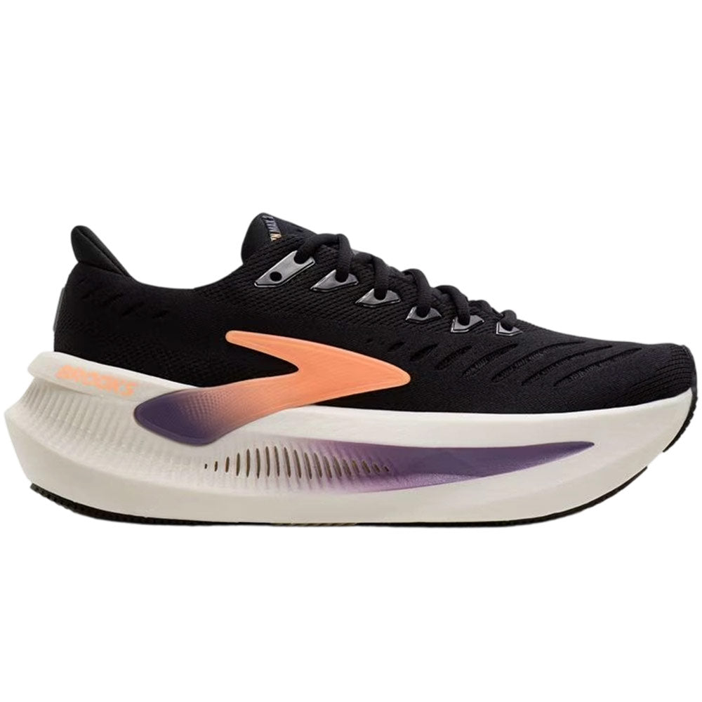 Side view on white background of Womens Brooks Glycerin Max 2 running shoe in Black/Peach/Clear, Medium (Regular) width
