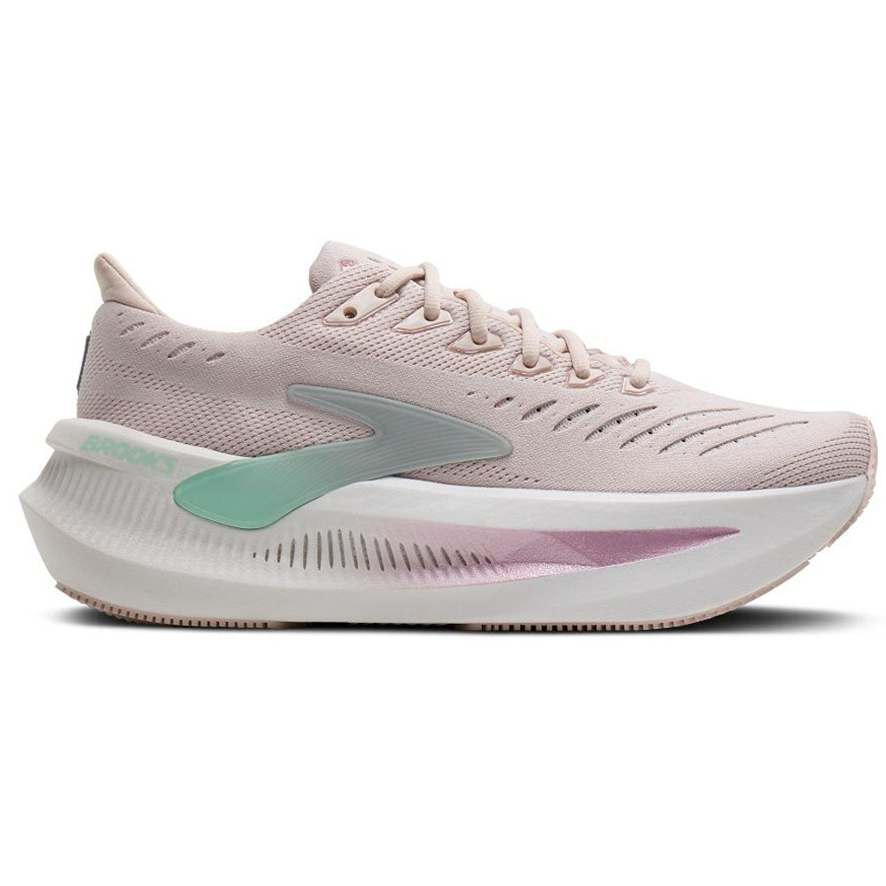 Side view on white background of Womens Brooks Glycerin Max 2 running shoe in Pink/Yucca/Metallic, Medium (Regular) width