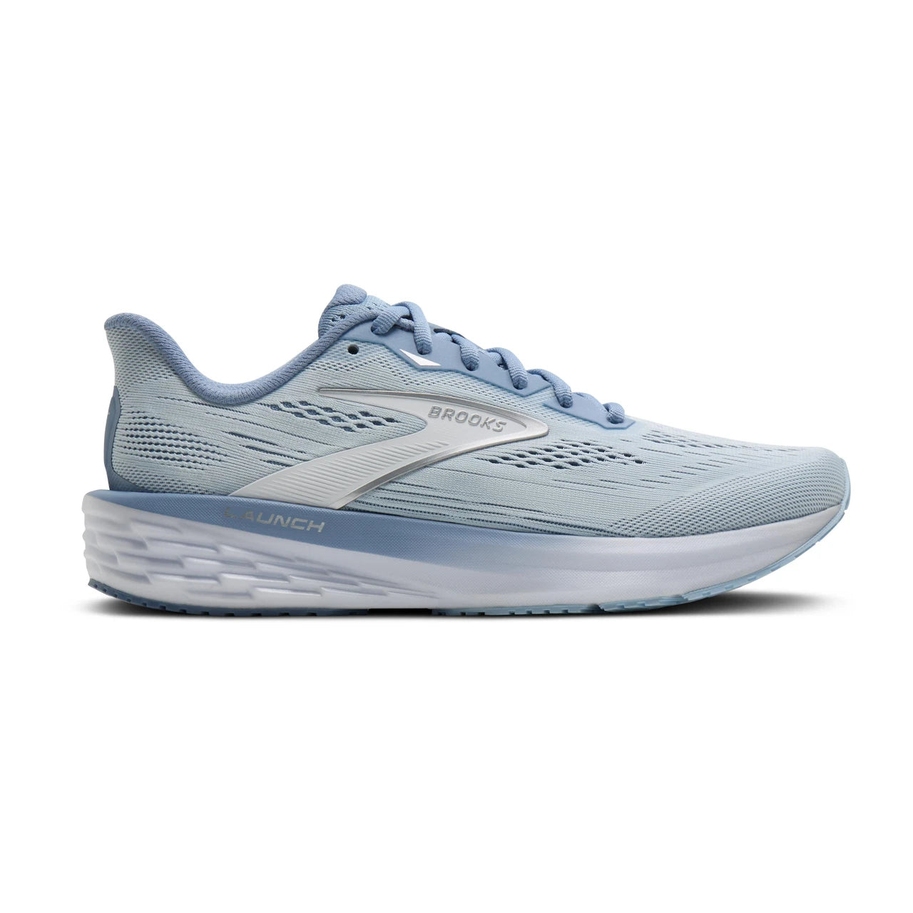 Side view on white background of Womens Brooks Launch 12 running shoe in Rainwashed/Nantucket/Chrome, Medium (Regular) width