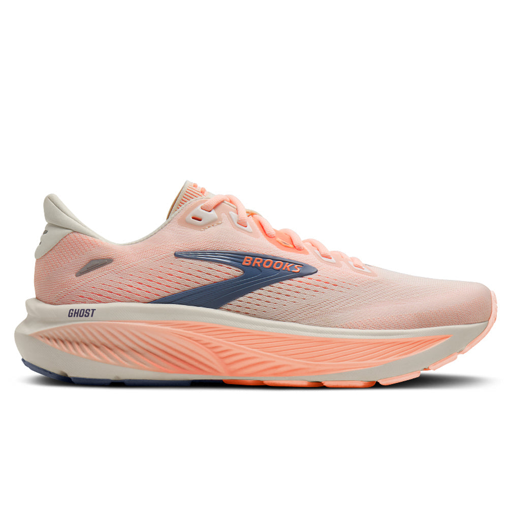 Side view on white background of Womens Brooks Ghost running shoe in Star White/Cyber Peach/Grey, Wide width
