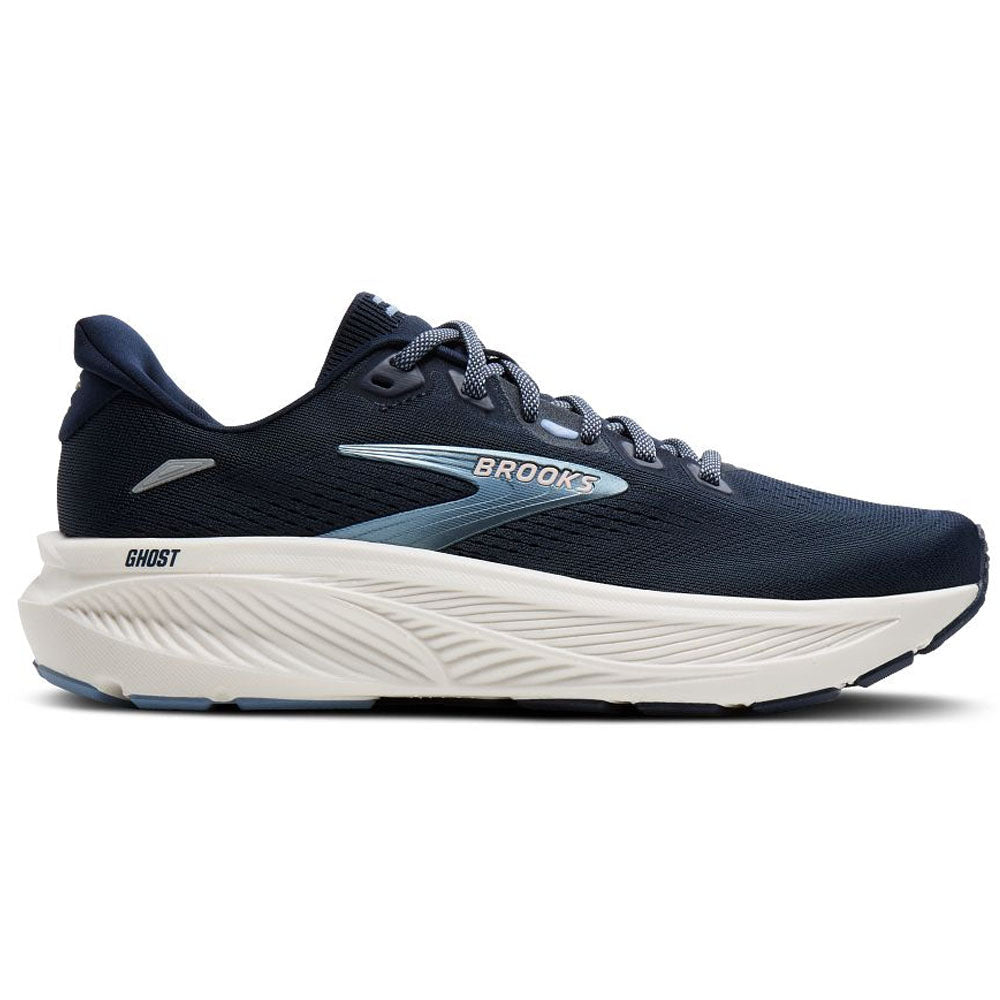 Side view on white background of Womens Brooks Ghost running shoe in Navy/Rain Washed/Coconut, Medium (Regular) width