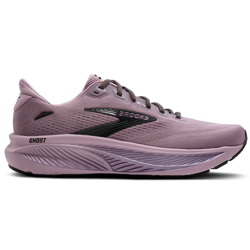 Side view on white background of Womens Brooks Ghost running shoe in Elderberry/Black, Medium (Regular) width