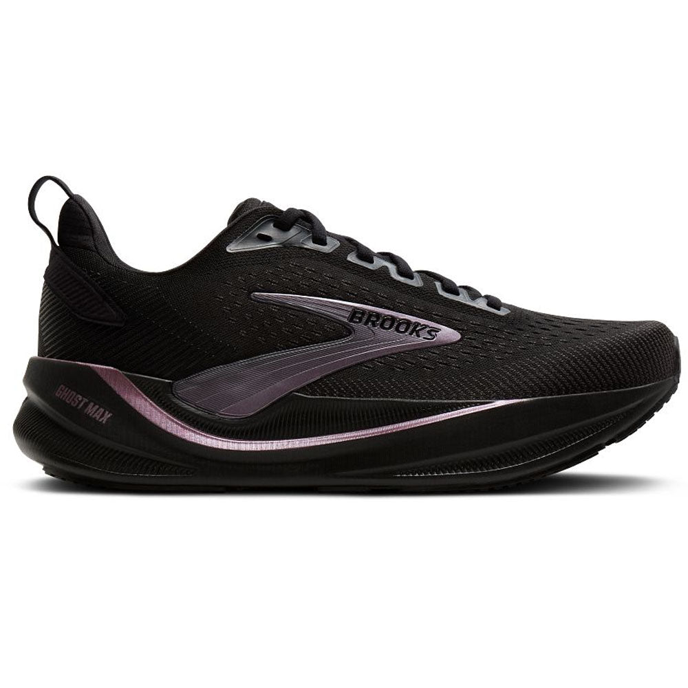 Side view on white background of Womens Brooks Ghost running shoe in Black/Black/Rose Gold, Medium (Regular) width