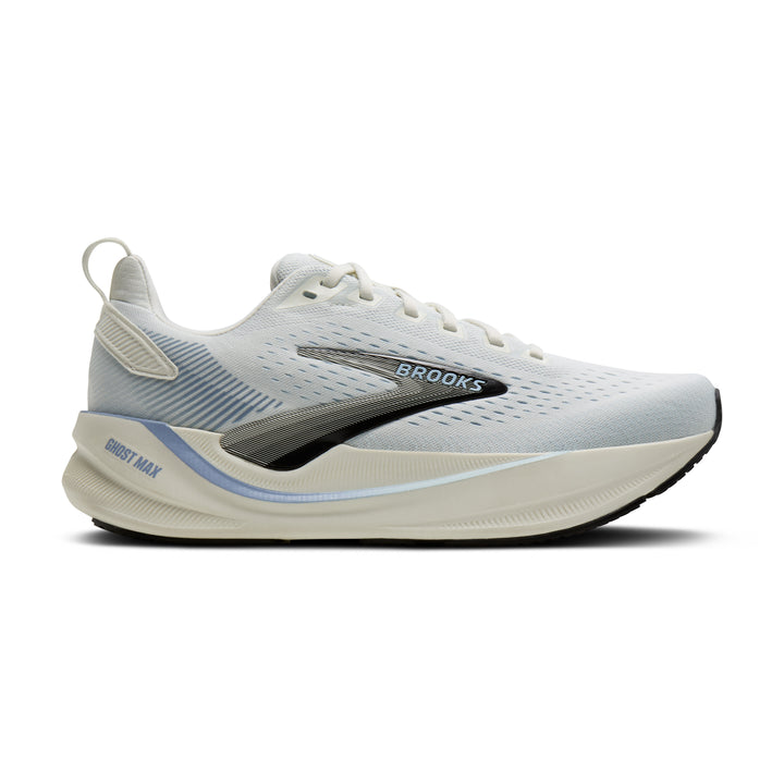 Side view on white background of Womens Brooks Ghost Max 4 running shoe in Grey/Nantucket/Rain Washed, Wide width