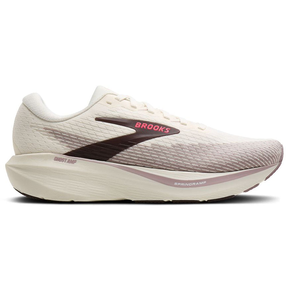 Side view on white background of Womens Brooks Ghost running shoe in Arctic Wolf/Dove/Pink, Wide width