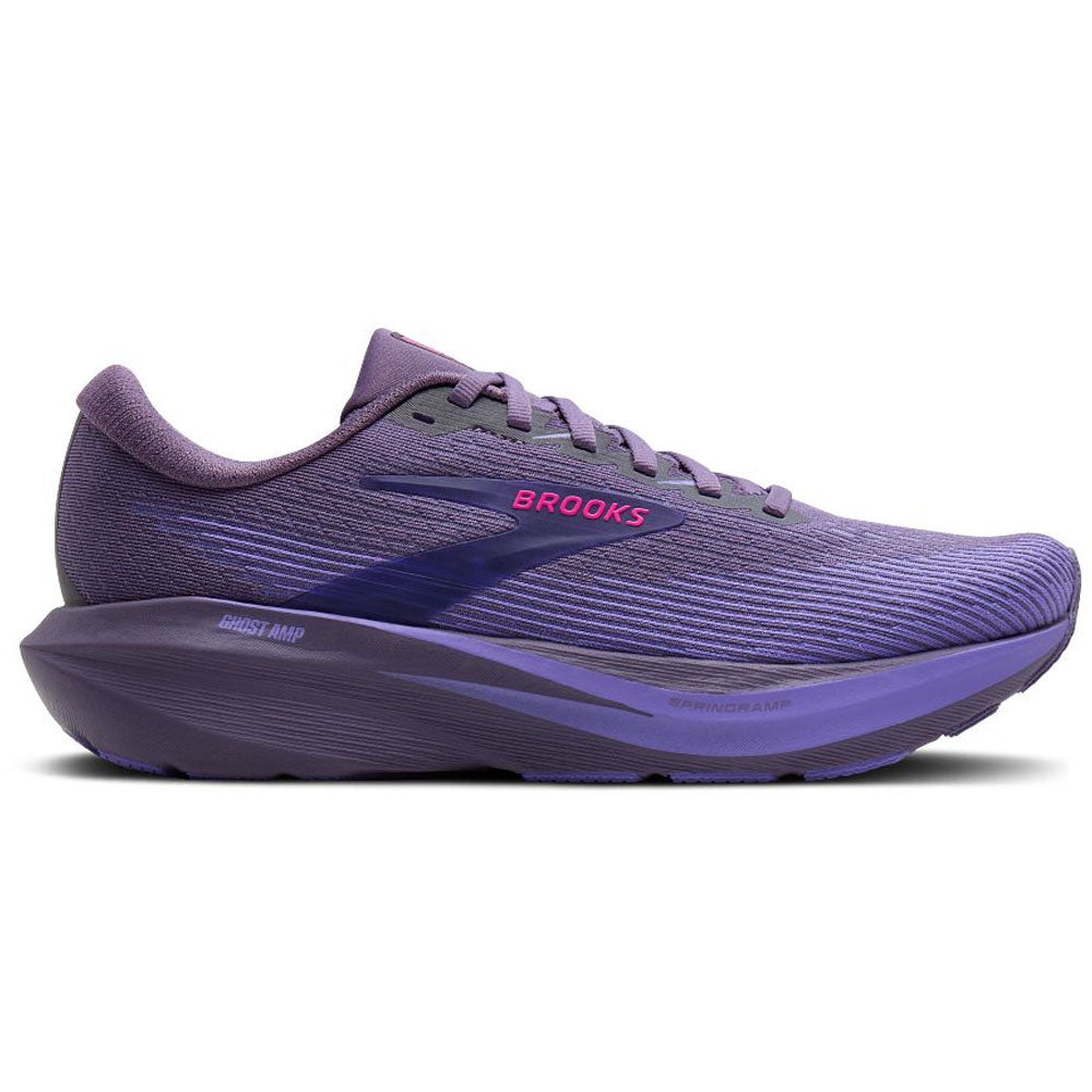 Side view on white background of Womens Brooks Ghost running shoe in Purple/Purple/Fuchsia, Medium (Regular) width