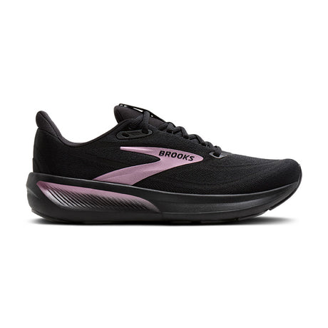 Side view on white background of Womens Brooks Revel 9 running shoe in Black/Black/Rose Gold, Medium (Regular) width