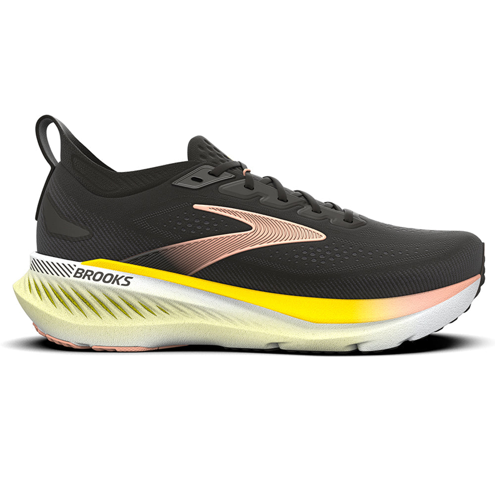 Side view on white background of Womens Brooks Glycerin running shoe in Black/Peach/Nightlife, Medium (Regular) width