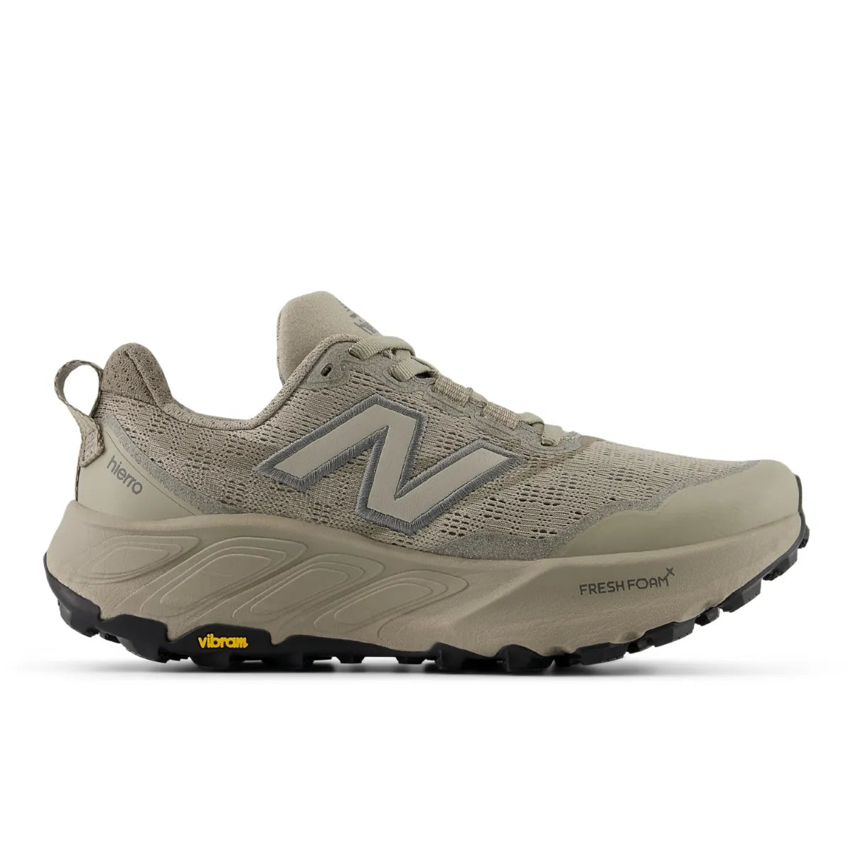 Side view on white background of Womens New Balance Fresh Foam X Hierro V9 running shoe in Arid Stone/Castlerock, Medium (Regular) width