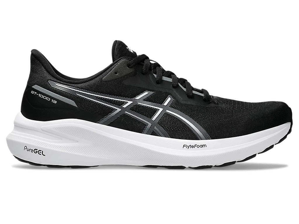 Side view on white background of Mens Asics GT-1000 13 running shoe in Black/White, Medium (Regular) width