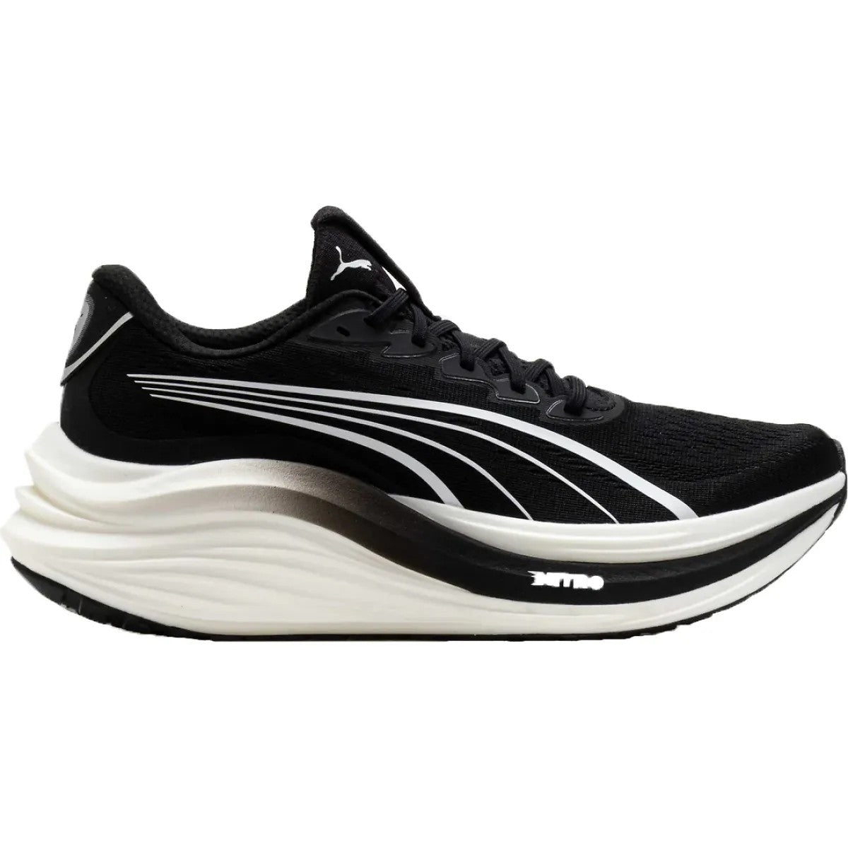Side view on white background of Mens Puma Magmax Nitro running shoe in Puma Black-Puma White-Cool Dark Gray, Medium (Regular) width