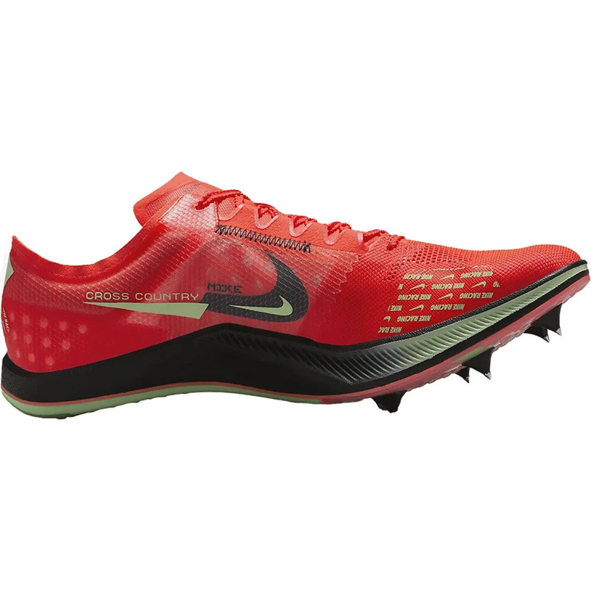 Side view on white background of Mens Nike ZoomX Dragonfly XC running shoe in Bright Crimson/Black/Metallic Silver/Vapor Green, Medium (Regular) width