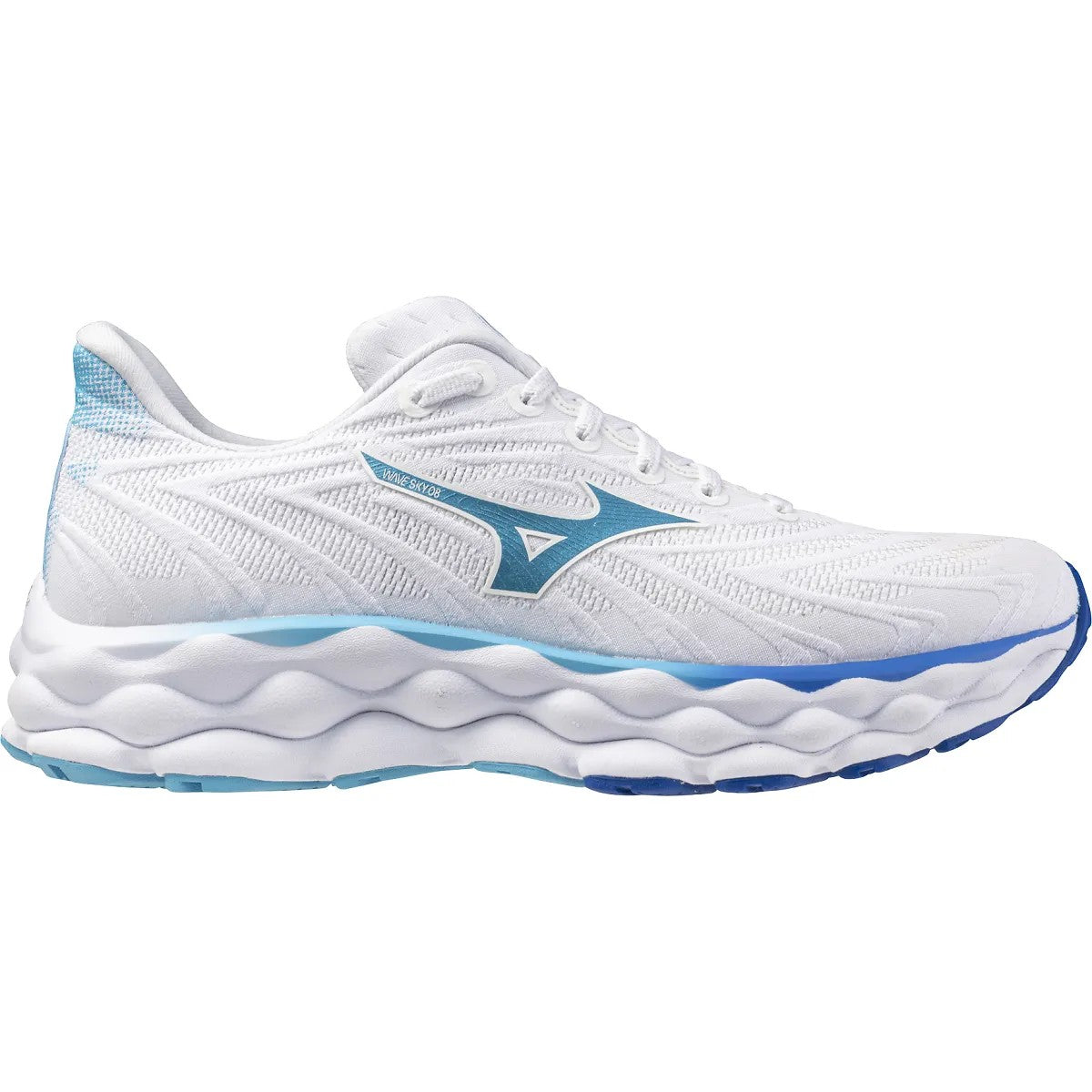 Side view on white background of Womens Mizuno Wave Sky 8 running shoe in White-Moroccan Blue, Medium (Regular) width
