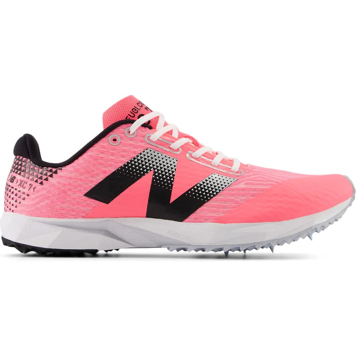 Side view on white background of Womens New Balance FuelCell XC7 v5 running shoe in Ultra Pink/Black, Medium (Regular) width