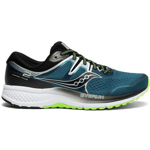Side view on white background of Mens Saucony Omni ISO 2 running shoe in Blu/Sil, Wide width