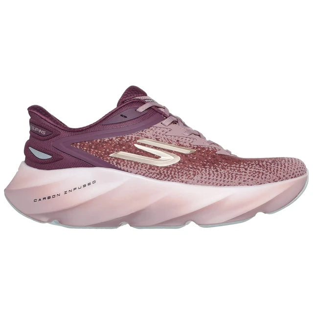 Side view on white background of Womens Skechers Aero Burst running shoe in Burgundy, Medium (Regular) width