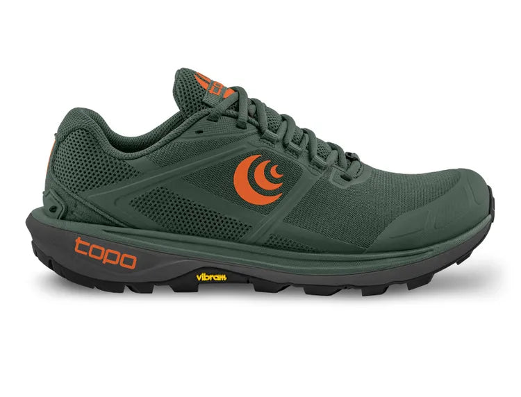 Side view on white background of Mens Topo Athletic Terraventure 4 running shoe in Green/Orange, Medium (Regular) width