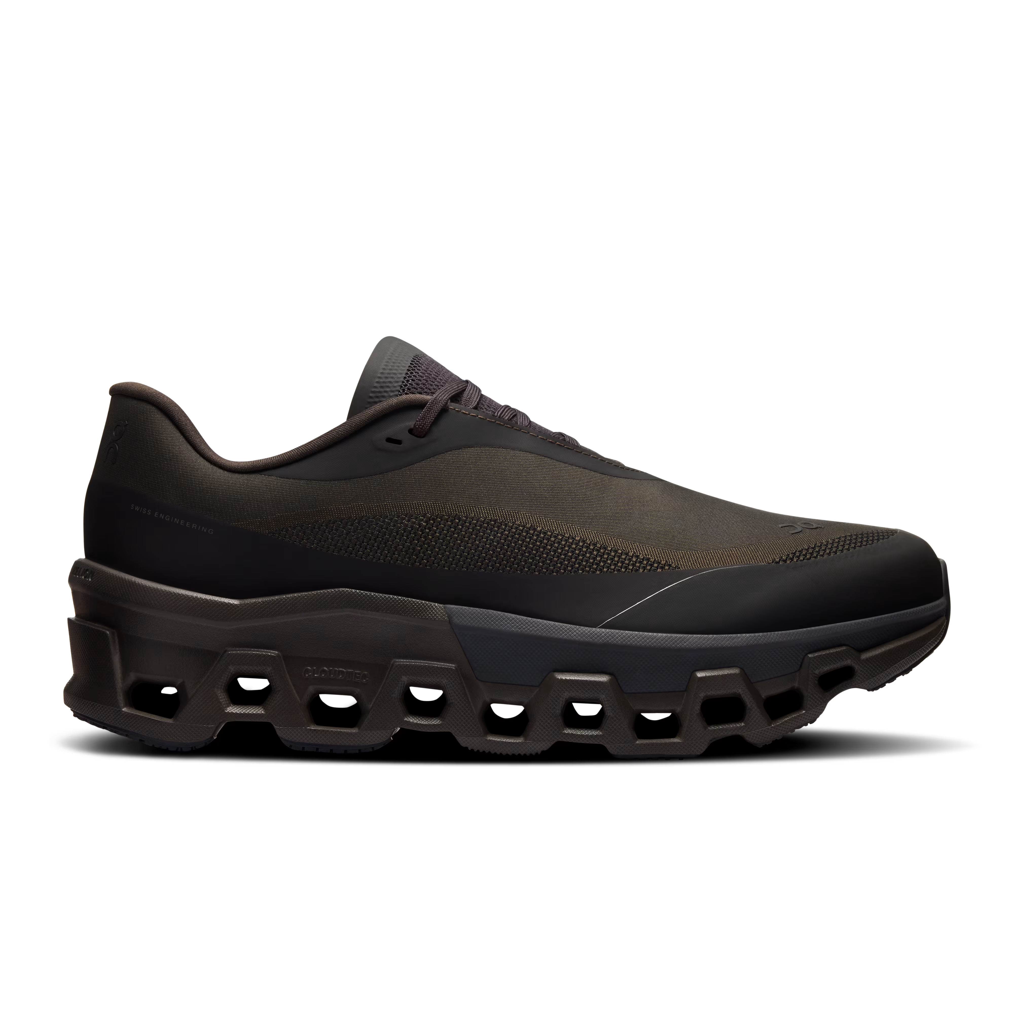 Side view on white background of Womens On Cloudmonster 2 PAF running shoe in Black/Magnet, Medium (Regular) width