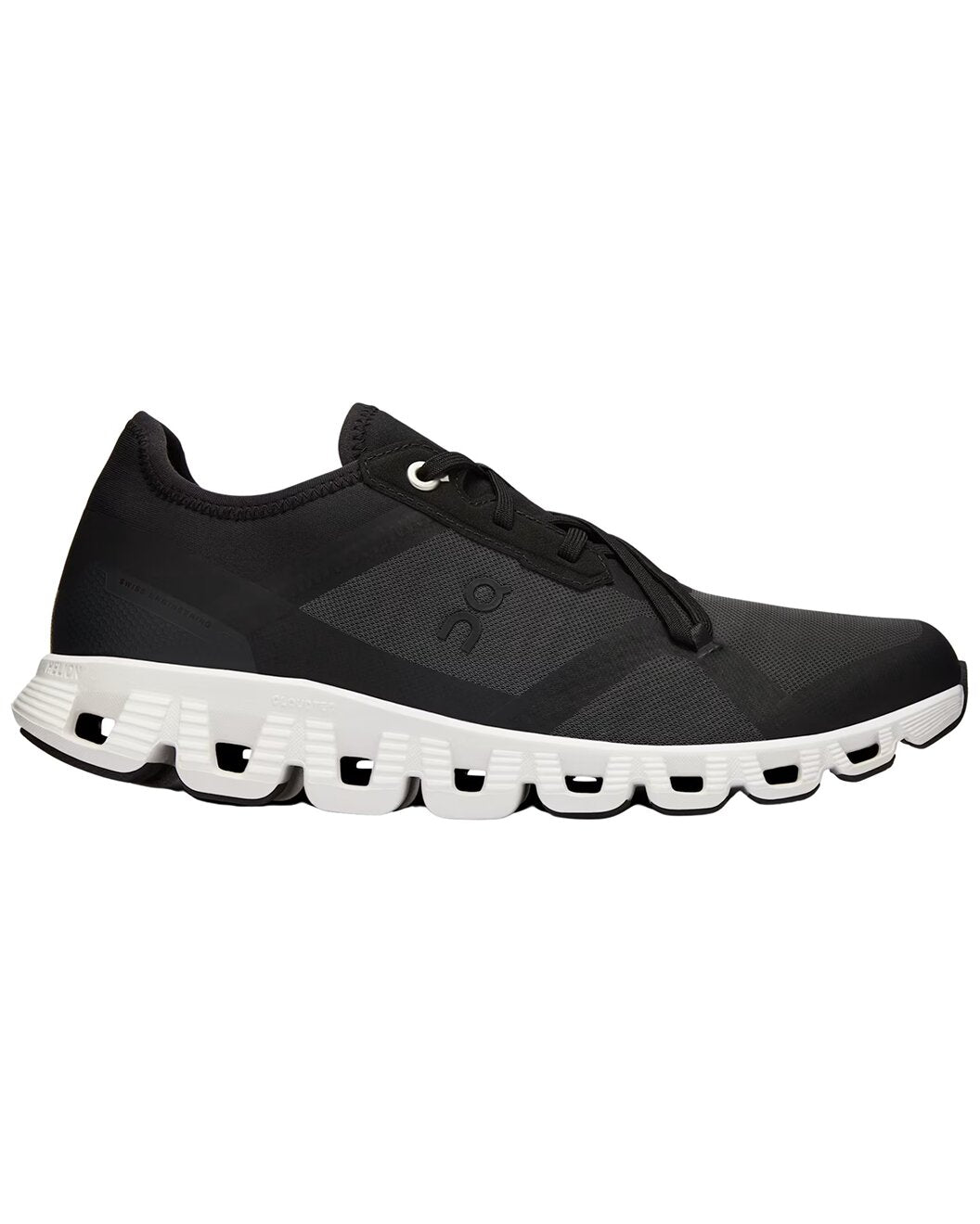Side view on white background of Mens On Cloud X 3 AD running shoe in Black/White, Medium (Regular) width
