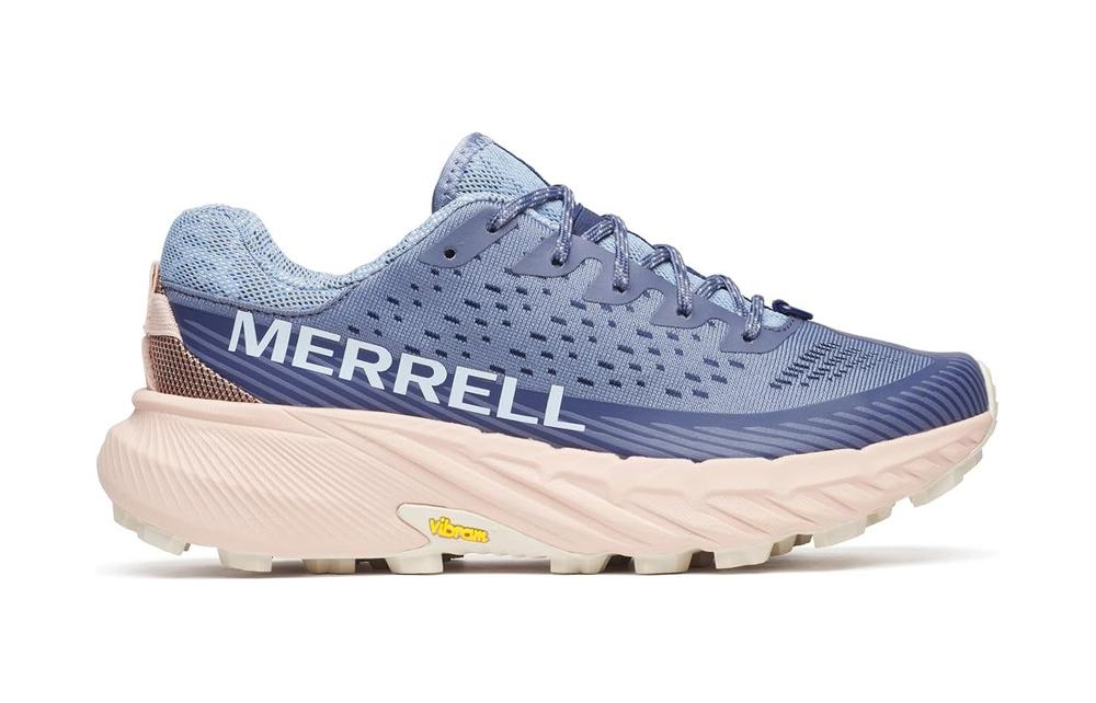 Side view on white background of Womens Merrell Agility Peak 5 running shoe in Indigo/Pink Salt, Medium (Regular) width