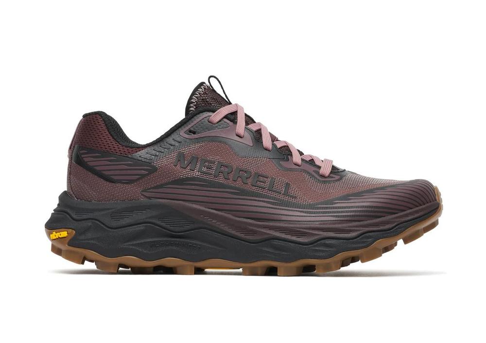 Side view on white background of Womens Merrell Agility Peak 6 running shoe in Ninebark, Medium (Regular) width